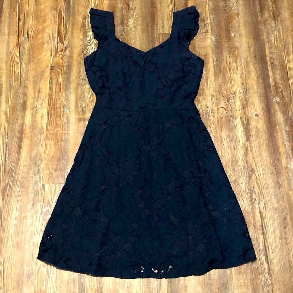 Monteau Dress Size Small Lace Fit & Flare Mini Navy Flutter Sleeve Eyelet Summer